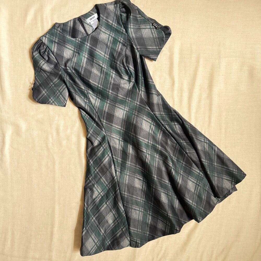 DKNY structured plaid classic dress gray green size 2